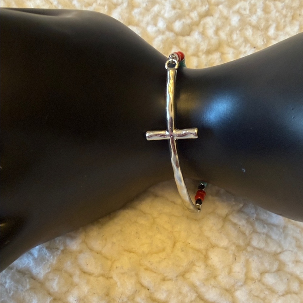 Silver Cross Beaded Stretch Bracelet - Red Accent